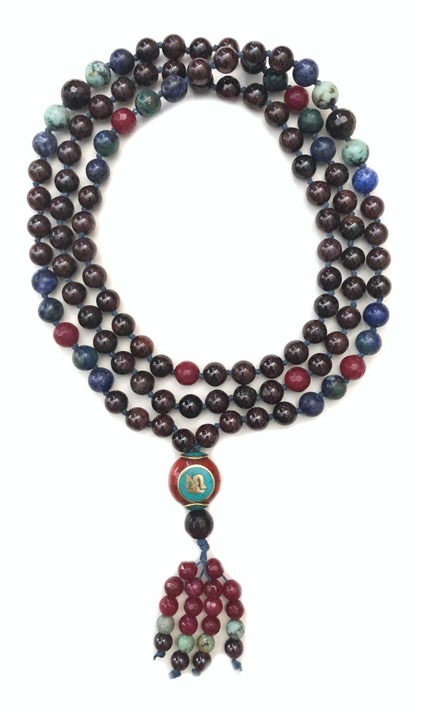 Fire of Love, Third Eye Vision Mala! Garnet & Azurite Mala Tibetan Om Bead 108 Beads 8mm