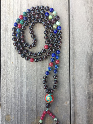 Fire of Love, Third Eye Vision Mala! Garnet & Azurite Mala Tibetan Om Bead 108 Beads 8mm