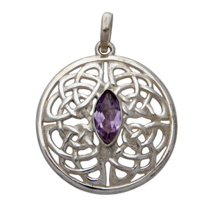 Celtic Knot Shield Pendant with Faceted Crystal - Sterling Silver