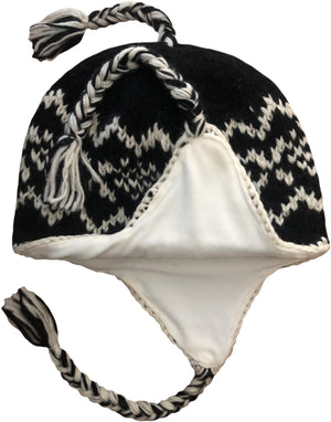 Sherpa Hat with Ear Flaps, Heavy Wool Fleece Lined - Diamond Design