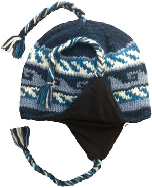 Sherpa Hat with Ear Flaps, Heavy Wool Fleece Lined - Wave Design