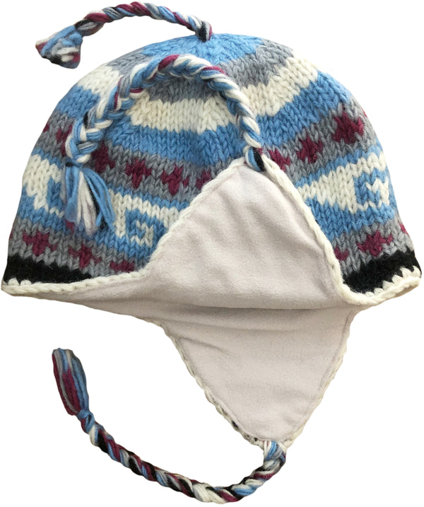 Sherpa Hat with Ear Flaps, Heavy Wool Fleece Lined Wave Design