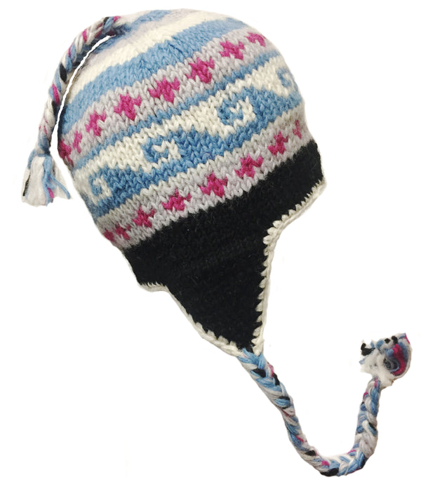 Sherpa Hat with Ear Flaps, Heavy Wool Fleece Lined - Wave Design