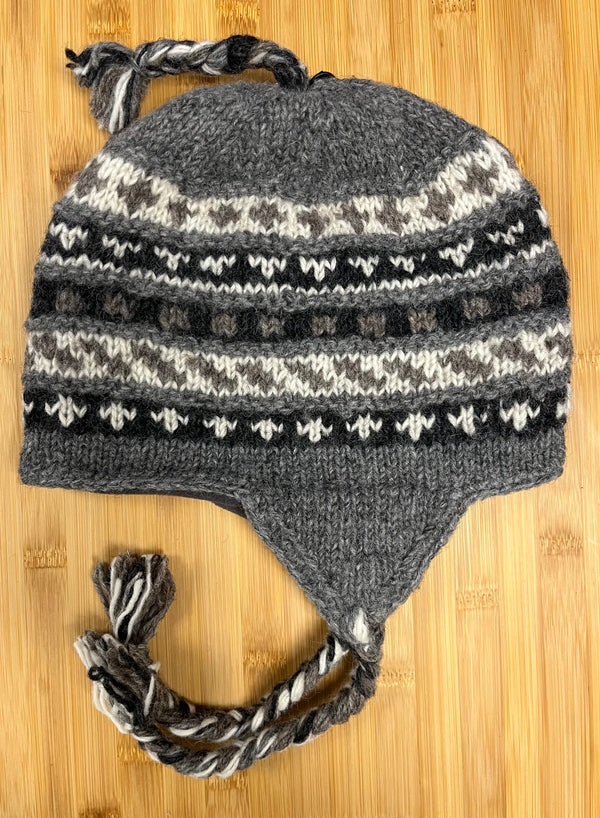 Sherpa Hat with Ear Flaps, Heavy Wool Fleece Lined - Gray Black Design