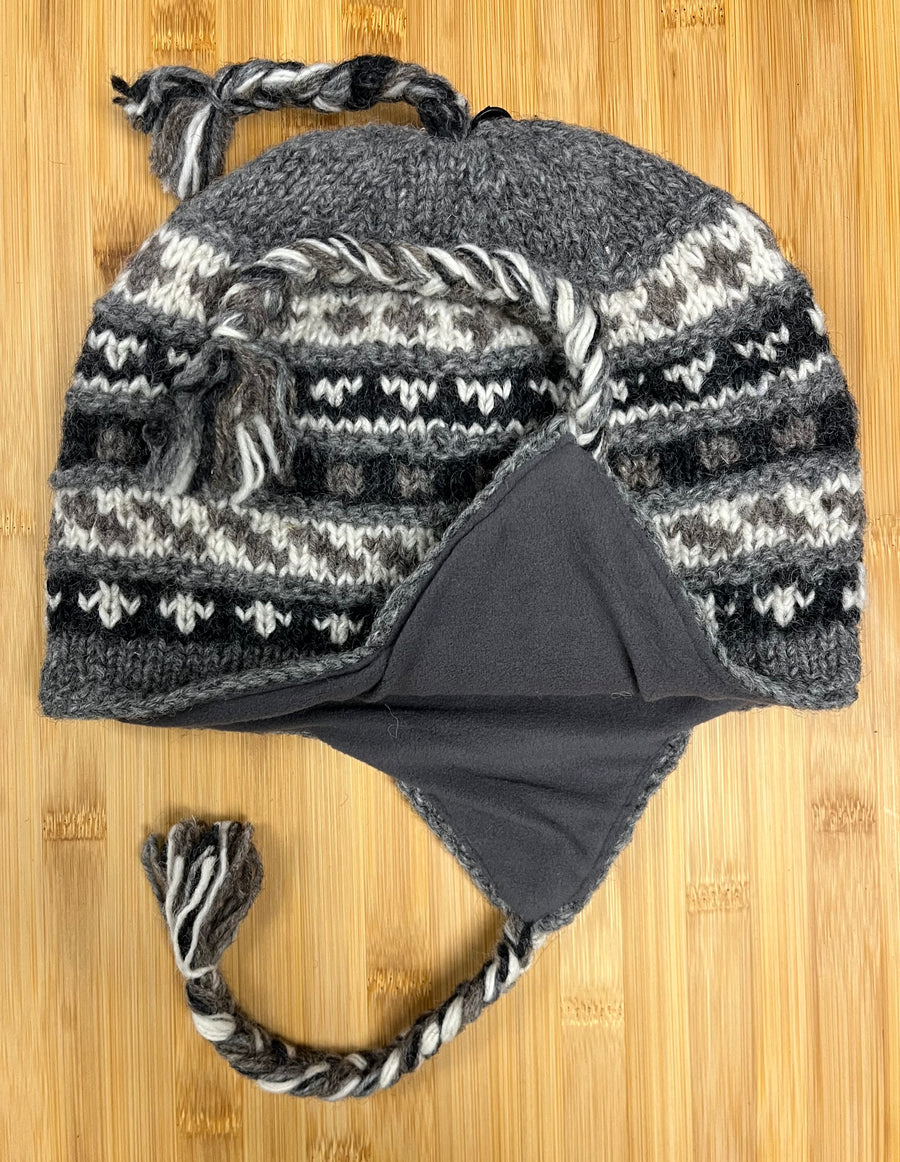 Sherpa Hat with Ear Flaps, Heavy Wool Fleece Lined - Gray Black Design