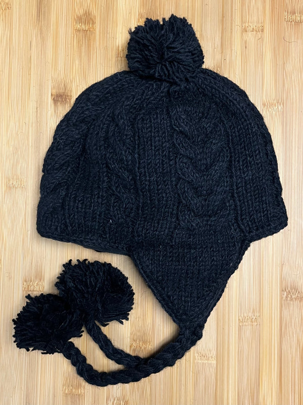 Sherpa Hat with Ear Flaps, Heavy Wool Fleece Lined - Cable Design