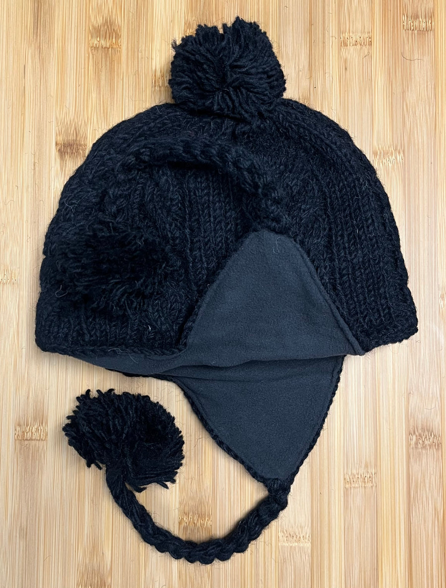 Sherpa Hat with Ear Flaps, Heavy Wool Fleece Lined - Cable Design