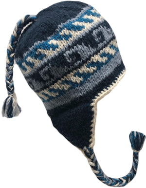 Sherpa Hat with Ear Flaps, Heavy Wool Fleece Lined - Wave Design