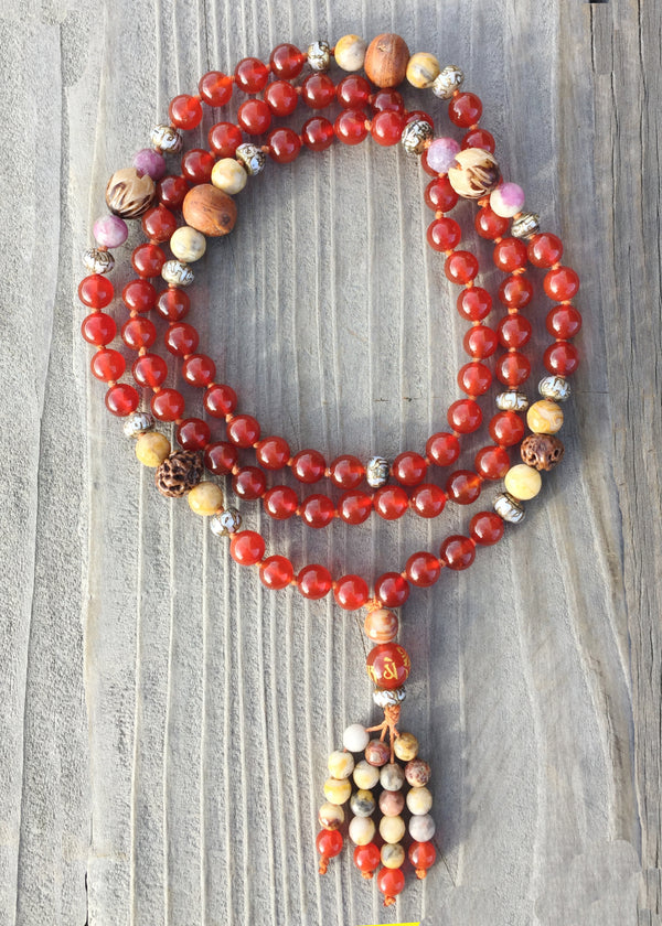 Peace and Happiness Mala: Carnelian, Carved Lotus Seed, Tourmaline, Crazy Lace Agate