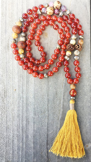 Peace and Happiness Mala: Carnelian, Carved Lotus Seed, Tourmaline, Crazy Lace Agate