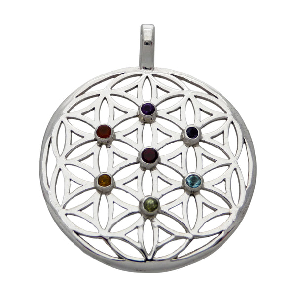 Flower of Life & Chakra Healing Stones Pendant  - Sterling Silver