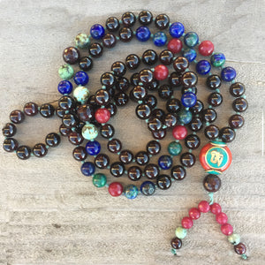 Fire of Love, Third Eye Vision Mala! Garnet & Azurite Mala Tibetan Om Bead 108 Beads 8mm
