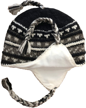 Sherpa Hat with Ear Flaps, Heavy Wool Fleece Lined - Zig Zag Design