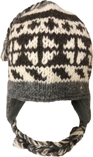 Sherpa Hat with Ear Flaps, Heavy Wool Fleece Lined - Diamond Design