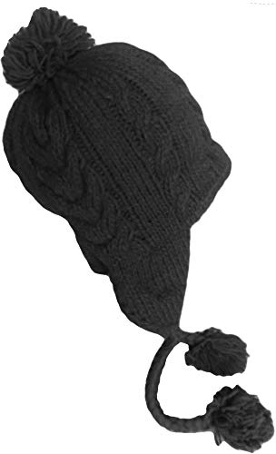 Sherpa Hat with Ear Flaps, Heavy Wool Fleece Lined - Cable Design
