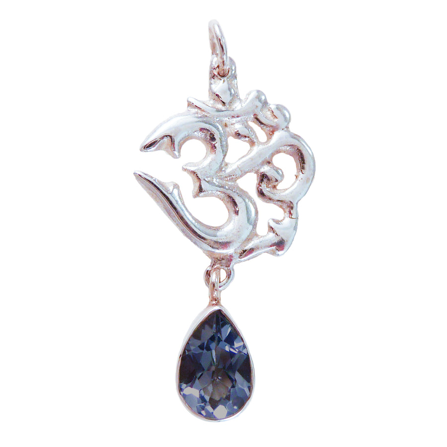 Om Symbol Pendant with Teardrop Healing Crystal  - Sterling Silver